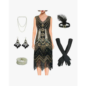 Women's 1920s Flapper Dress Vintage Lace Fringed Gatsby Cocktail Dress with 20s Accessories Set XL