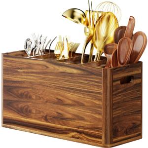Wooden Kitchen Utensil Holder for Counter, Acacia Wood Utensil Holder for Storage Cooking and Silverware with 4 Compartment, Rustic Wooden Organizer Container