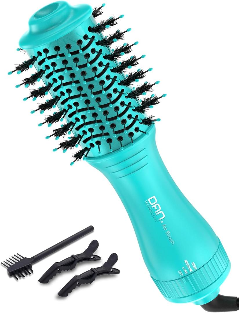 Mini Travel Blow Dryer Brush for Short to Medium Hair, 2 Inch Oval Hot Air Brush with Ceramic Coating, 3 Heat Settings for Smooth, Voluminous Blowouts, 120V(Cyan)