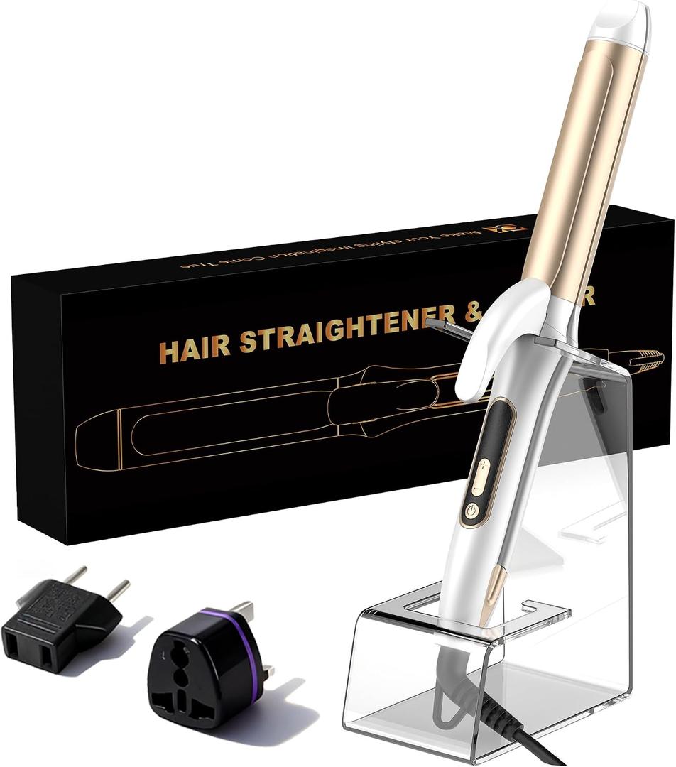 2 in 1 Curler and Straightener Travel Dual Voltage Curling Iron 1.25 Inch Normal Size Hair Curler Ceramic with EU/UK Plug Adapter for Travel Curling Wand Adjustable Temperature and Anti-Tangle