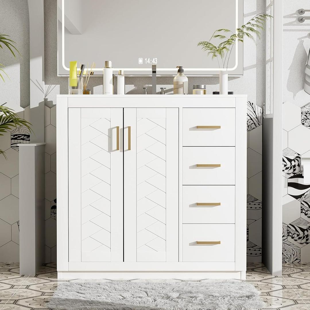 36'' Bathroom Vanity with Ceramic Sink Combo, Solid Wood Frame Storage Cabinet & 3 Drawers, Freestanding, Soft Closing Doors, White