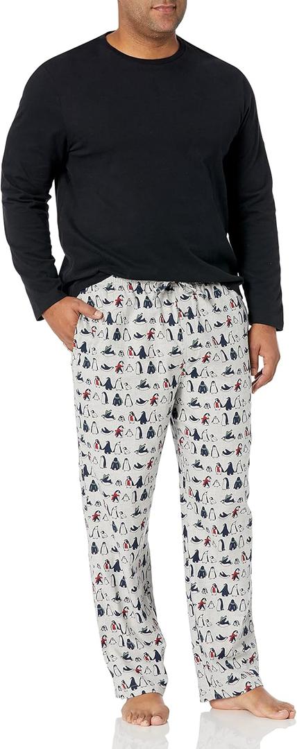 Amazon Essentials Men's Flannel Pant and Long-Sleeve T-Shirt Pajama Set (X-Large, Black/Penguin)