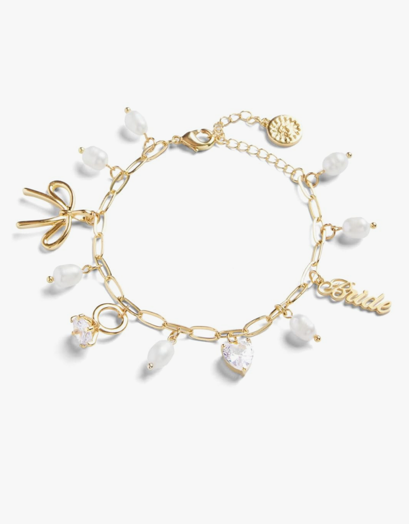 xo, Fetti Gold Bride Charm Bracelet | Pearl Bachelorette Accessory, Rhinestone Bridal Jewelry, Bach Party Decorations, Bridesmaid Gift, Wedding Chain Bangle