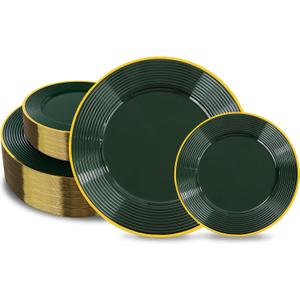 Liacere 100 PCS Green Plastic Plates - Heavy Duty Disposable Plates - Green and Gold Plate 100PCS Dinner/Dessert Plate for Party & Christmas & New Years