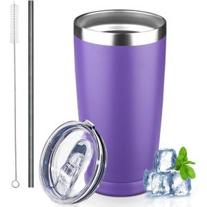 GUDEMAO 20 oz Tumbler with Lids and Straws, Stainless Steel Insulated Coffee Tumbler, Double Wall Vacuum Insulated Travel Mug Cup, Leakproof Thermal Coffee Cup for Hot and Cold Drinks (purple)