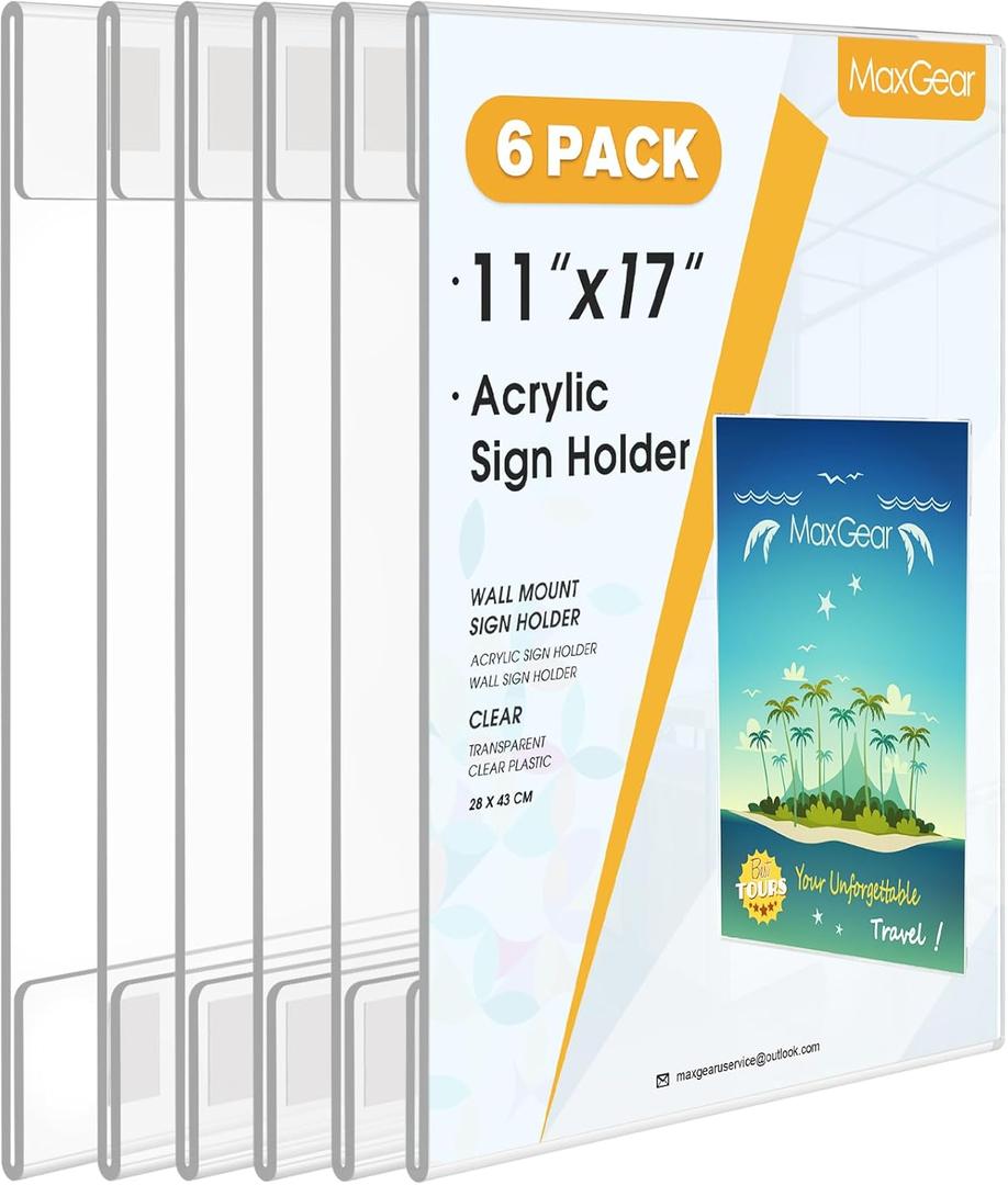 MaxGear 6 Pack Acrylic Sign Holder 11 x 17 Wall Mount Clear Plastic Sign Holder with Double Sided Tape, Plexiglass Document Flyer Acrylic Frame for Office, Home, Store, Restaurant