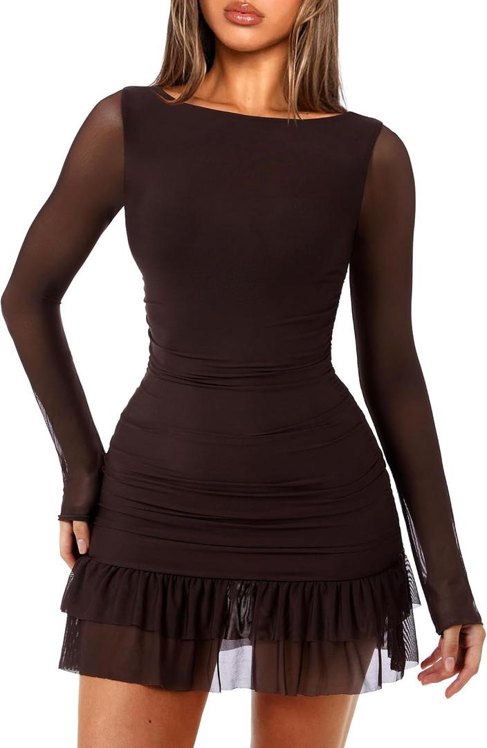 OZICERD Women Boat Neck Bodycon Mini Dresses Long Sleeve Going Out Dress Ruffle Mesh Short Elegant Club Cocktail Party Dress (Red, M)
