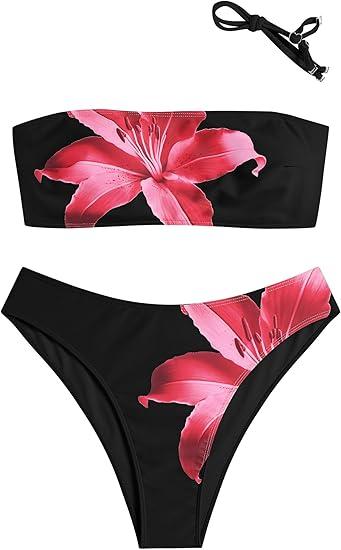 ZAFUL Women's High Cut Bandeau Bikini Set Strapless Solid Color 2 Pieces Bathing Suit Swimsuit (11-Black, S)
