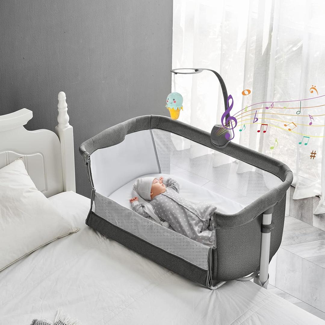 Yacul Baby Bassinet Bedside Sleeper, with Music Box, Easy to Assemble Bed to Bed, Adjustable Portable Crib for Infants Baby Boys and Girls (Dark Gray) (Grey)
