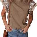 SELINK Womens Summer Ruffle Short Sleeve Top Crewneck T Shirts Floral Trim Casual Blouses Brown-L