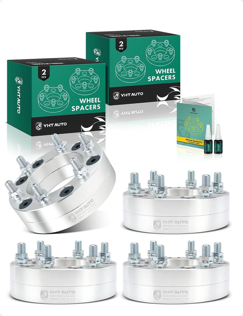 YHTAUTO 5x5.5 to 6x5.5 Wheel Adapters 2" Compatible with Ford Dodge Jeep Ram Models: Dakota Durango Ram 1500 CJ5/7, Tire Spacers w/M14x1.5 & 12.9 Grade Studs, 108mm Center Bore 4PCS Silver