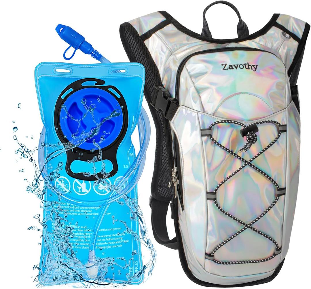 Reflective Hydration Backpack, Hydration Pack - Water Backpack with 2L Hydration Bladder, Essential for Festivals - Rave Hydration Pack for Hiking, Running, Cycling, and Festivals (Pearl White)
