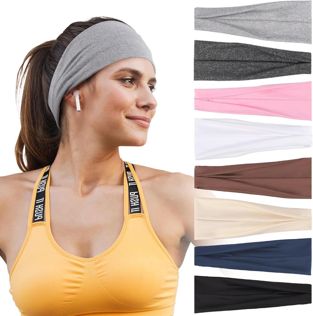 Headbands for Women – 8 Pack Wide Elastic Hair Bands, Soft Stretchy Non-Slip Sweatbands for Workouts, Yoga, Washing Face & Daily Wear