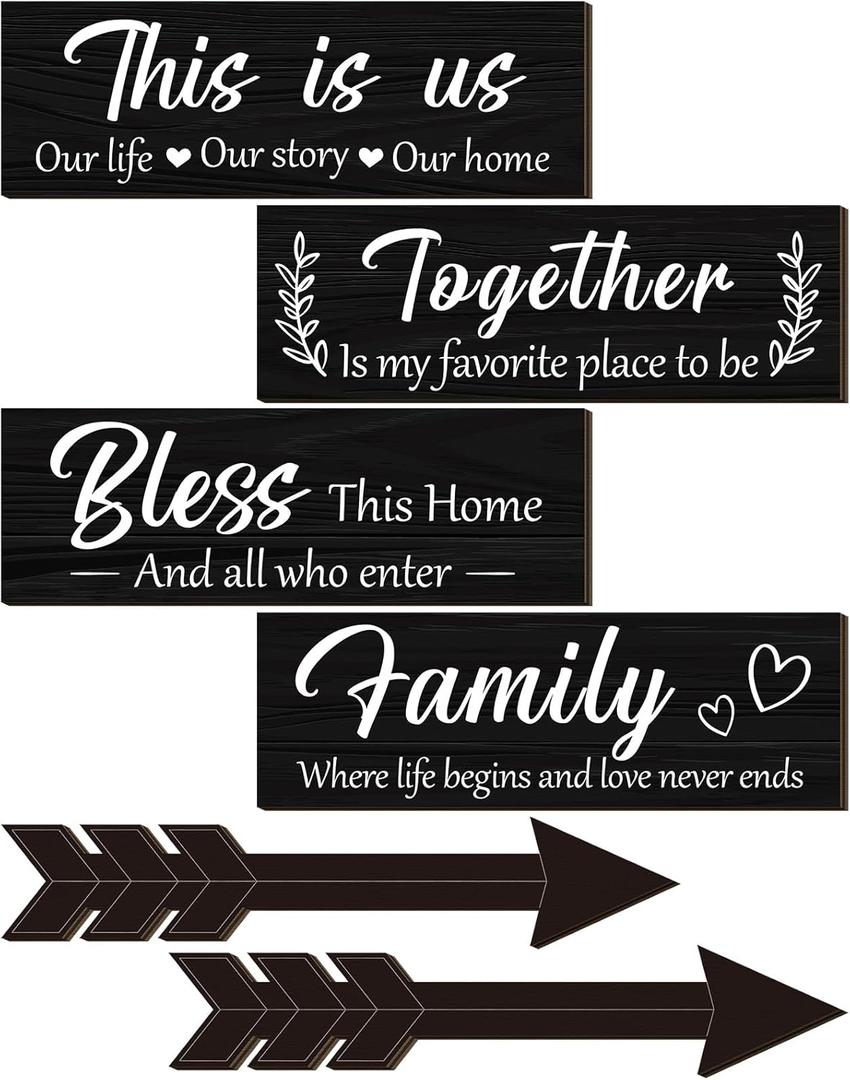 Thyle 6 Pcs Home Wall Decor Signs, This Is Us/Together/Bless/Family Wooden Wall Art with Quotes for Living Room Bedroom Kitchen Farmhouse Decor, Housewarming Gifts, Black