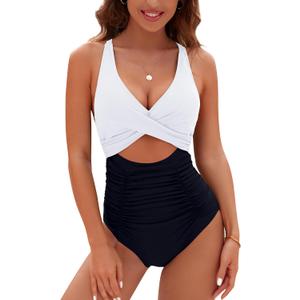 Blooming Jelly Womens One Piece Swimsuits Push Up Tummy Control Bathing Suit Cutout Ruched Slimming Swim Suits 2025 (XX-Large, White & Black)