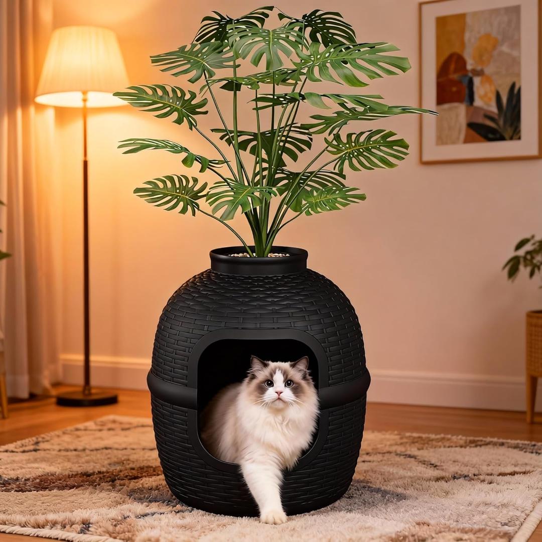 Hidden Litter Box with Faux Plant, Large Cat Litter Box with Rattan Pattern, Heavy Duty PP Material Litter Box Enclosure Furniture for Home Decor, Black