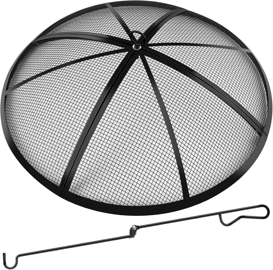 Fire Pit Spark Screen, Fire Pit Screen 27 Inch Round with Handle & Poker, Collapsible Heavy Duty Mesh Fire Pit Cover Fire Pit Lid for Outdoor/ Patio/ Backyard/ RV Camping/ Beach