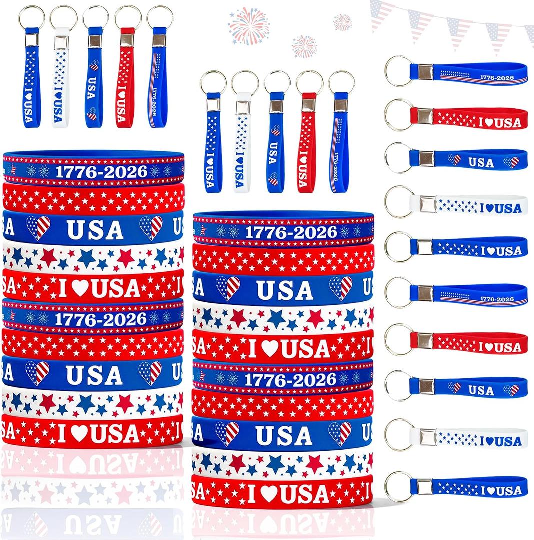 4th of July Themed Wristbands & Keychains 50Pcs - Patriotic Silicone Bracelets and Key Ring Set, Red White Blue Accessories for Independence Day, Memorial Day, Labor Day Party Favors