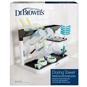 Dr. Brown's Drying Tower, StandUp Drying Rack, Countertop Baby Bottle Drying with Organized Storage for Baby Essentials, Space Saving Vertical Rack