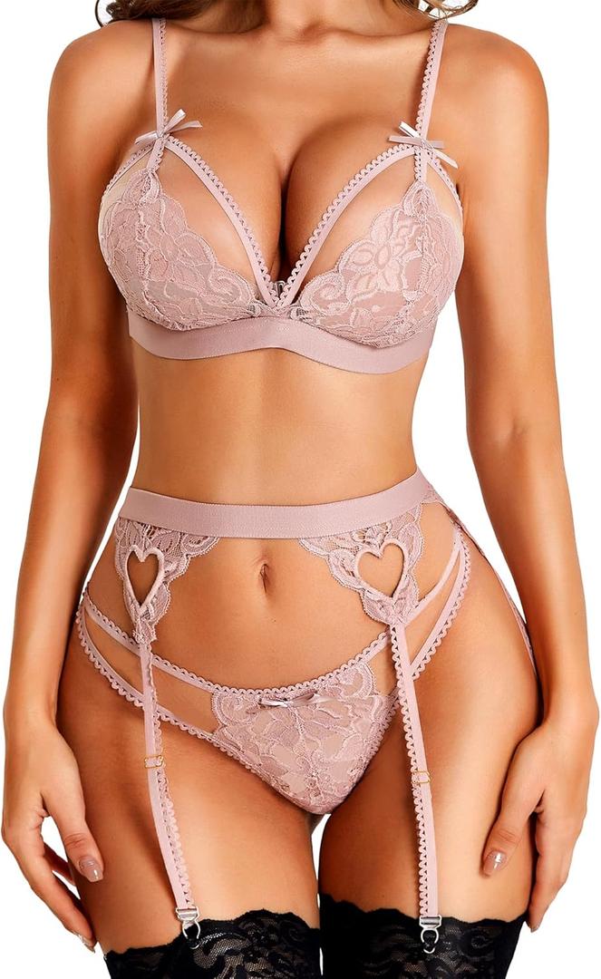 RSLOVE Women Lingerie Sets with Garter Belt 3 Piece Lace Teddy Babydoll Bodysuit (Medium, Deep Pink)