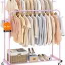 Laiensia Double Rods Garment Rack with Wheels, Clothing Rack for Hanging Clothes, 4 Hooks, Multi-Functional Bedroom Clothes Rack, Pink