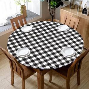 Fitable Vinyl Fitted Tablecloth Round, Black and White - Waterproof Checkered Elastic Tablecloth Flannel Backed Gingham Table Cover for Outdoor Picnic Dining (Fit for 36"-44" Round Tables)