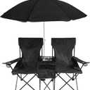 Trademark Innovations Double Folding Camp and Beach Chair with Removable Umbrella and Cooler, Black