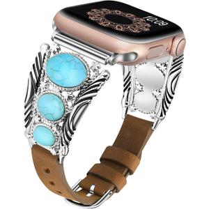 Minyee Leather Band Compatible with Apple Watch Band Women 42/46/38/40/41/44/45/49mm, Boho Western Turquoise Vintage Cowboy Retro Adjustable Strap for iWatch Series 11 10 9 SE 8 7 6 5 4 3 2 1 Ultra