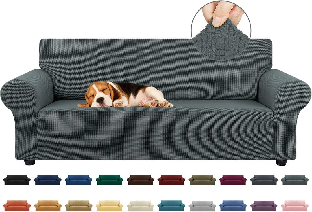 KEKUOU Stretch Sofa Cover Slipcover Couch Covers for 3 Cushion Couch Sofa (78"-94") Furniture Protector 3 Seater Sofa with Elastic Bottom for Kids,Dog, Jacquard Small Checked(Large,Grey)