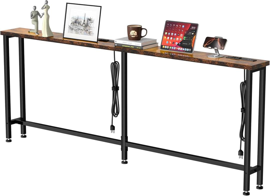 GRLEAF 90" Sofa Table with Built-in Power Strip (4 AC Outlets & 4 USB Ports) 4.9ft Power Cord, Metal Frame, Easy Assembly, Long Couch Table Behind Sofa, Living Room and Home Office | Rustic Brown