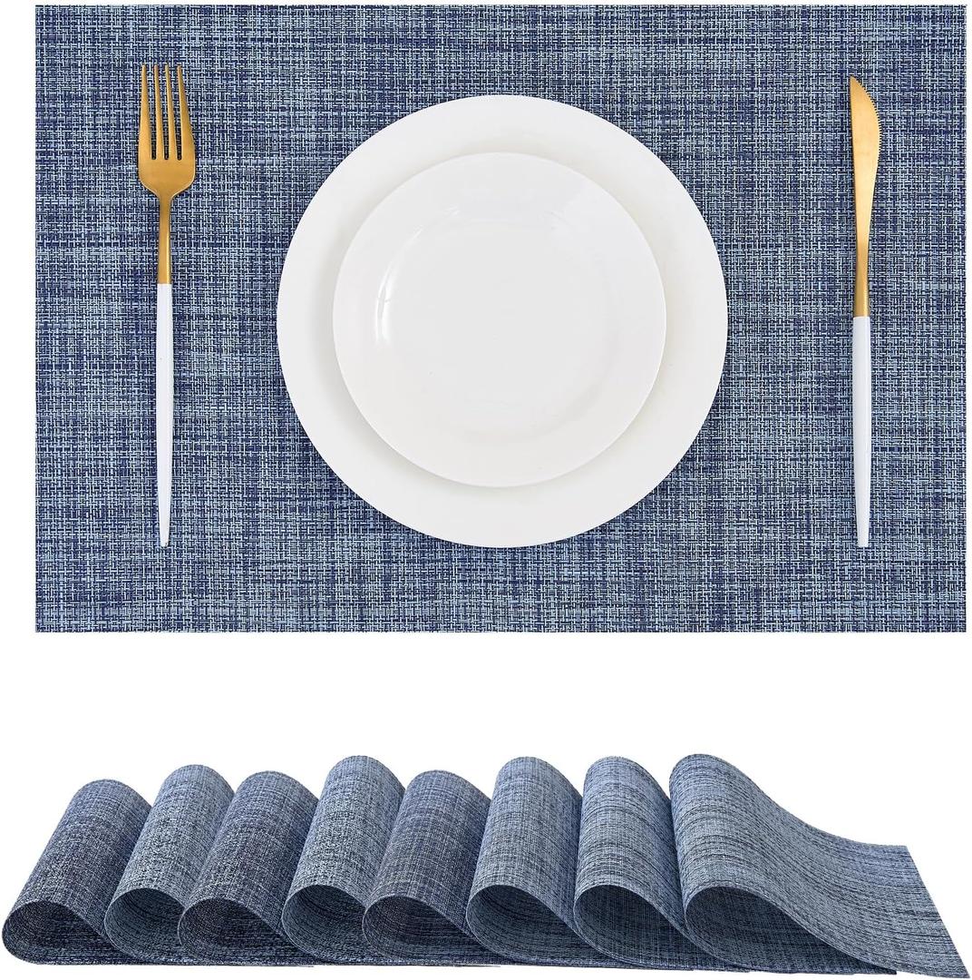 Leetaltree Deep Navy Woven Placemats Set of 8 - Heat Resistant Non-Slip Place mats for Dining Table, Washable Durable PVC Vinyl Woven Table Mats(Deep Navy, 8)