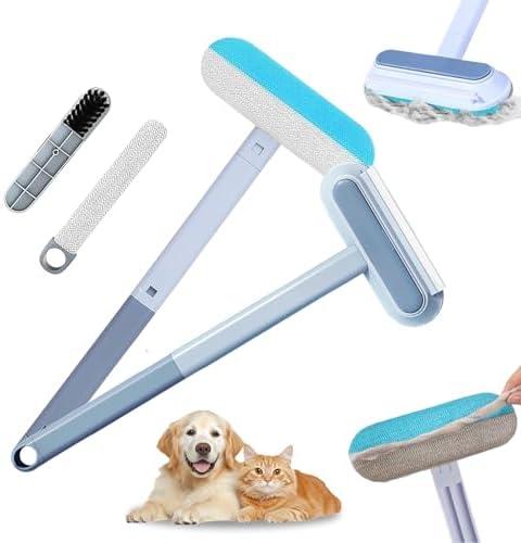 Pet Hair Remover, Reusable 4 in 1 Pet Hair Removal Tool Brush for Lint, Multifunctional Cat & Dog Hair Remover for Couch Furniture Car Bed Window Clothes, Washable Brush with Long Handle & 2 Scrapers Pack of 2