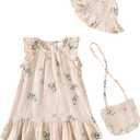 SODLON Baby Girl Dress Summer Clothes Infant Floral Boho Dresses Ruffle Linen Toddler Girls Casual Sundress with Hat and Bag (Beige)
