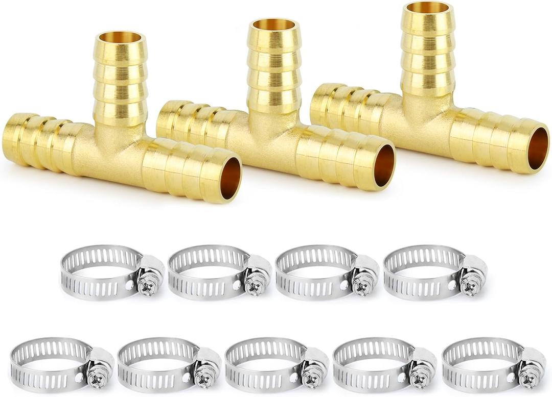 ChillWaves Brass Hose Barb Fittings, Tee 3 way Union Intersection/Splitter Fitting 5/8" Barb x 5/8" Barb x 5/8" Barb with Hose Clamp For Water/Fuel/Air(3-PACK)