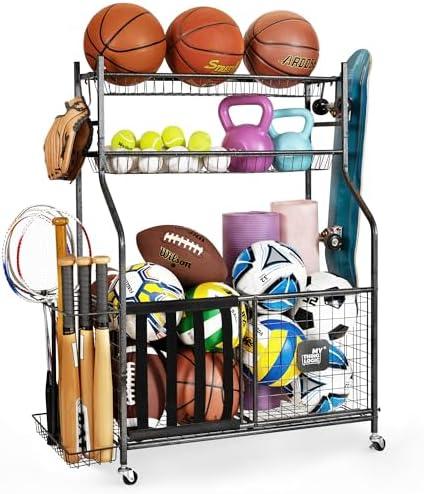 Mythinglogic Garage Sports Equipment Organizer, Baseball Storage Large Capacity, Sports Organizer for Garage with Hooks and Baskets, Ball Storage Rack for Football, Soccer Ball, Bat, Toys