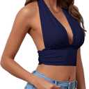 Rooscier Women's Halter Tie Back Crop Top | Deep V Neck Sleeveless Backless Cami (L)