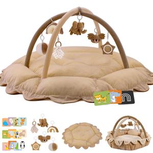 5-in-1 Baby Activity Gym & Play Mat with 6 Hanging Toys, Tummy Time Mat & Cards - Extra Large, Reversible Machine Washable Pad - Gift for Newborns, Infants 0-12 Months, Brown