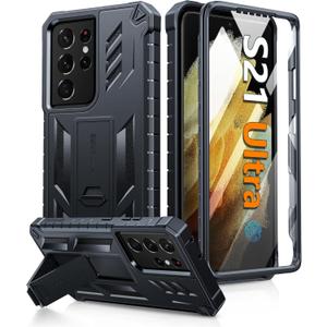 FNTCASE for Samsung Galaxy S21-Ultra Case: Military Grade Rugged Cell Phone Cover with Kickstand | Shockproof TPU Protection Bumper Matte Textured Design for Samsung S21 Ultra Cases 6.8 inches (Black)