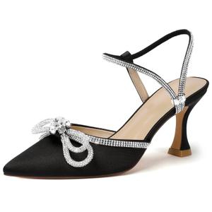 Susanny Women's Closed Toe Rhinstone Wedding Low Heel Slingback Clear Kitten Heels,Adjustable Strap Pointed Toe Bow Pumps High Heeled Prom Dress Shoes 8