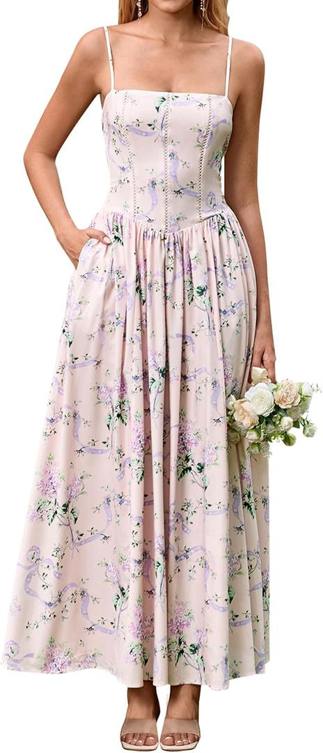 KUTUMAI Women Summer Long Wedding Guest Dress Floral Maxi Corset Sundress (L)
