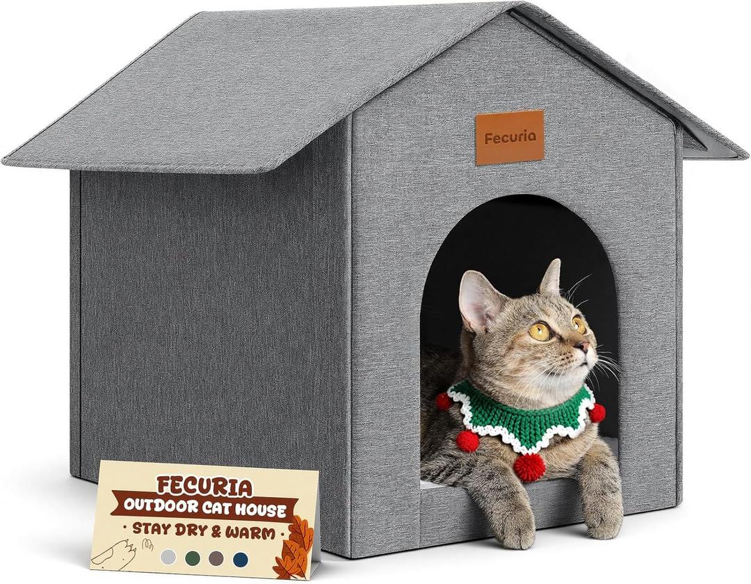Outdoor Cat House Weatherproof, Insulated Cat Dog Houses for Outdoor/Indoor Cats for Winter, Waterproof Feral Stray Cat Shelter with Warm Cushion for All Seasons, Easy to Assemble, Grey