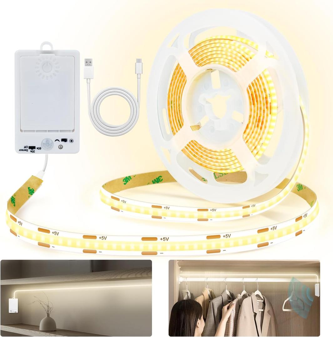 OMIKA COB Rechargeable Motion Sensor Light Indoor, 6.56FT 640LEDs 4000K Natural White Closet Lights, 1500mAh Cuttable Led Light Strip for Cupboard, Bed, Shelves, Wardrobe, Hallway, Cabinet