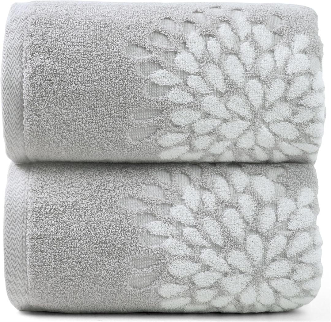Cute Bath Towels Set of 2 (Light Grey) - Large 55 x 28, Decorative Hydrangea Floral Jacquard, Guest Room & Bathroom Decor, Cotton