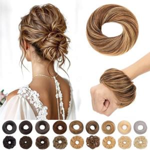 S-noilite Messy Bun Hairpiece Real Human Hair for Women Tousled Updo Scrunchie Donut Chignon Realistic Natural Bun Hair Piece Highlighted Medium Brown Mixed Honey Blonde