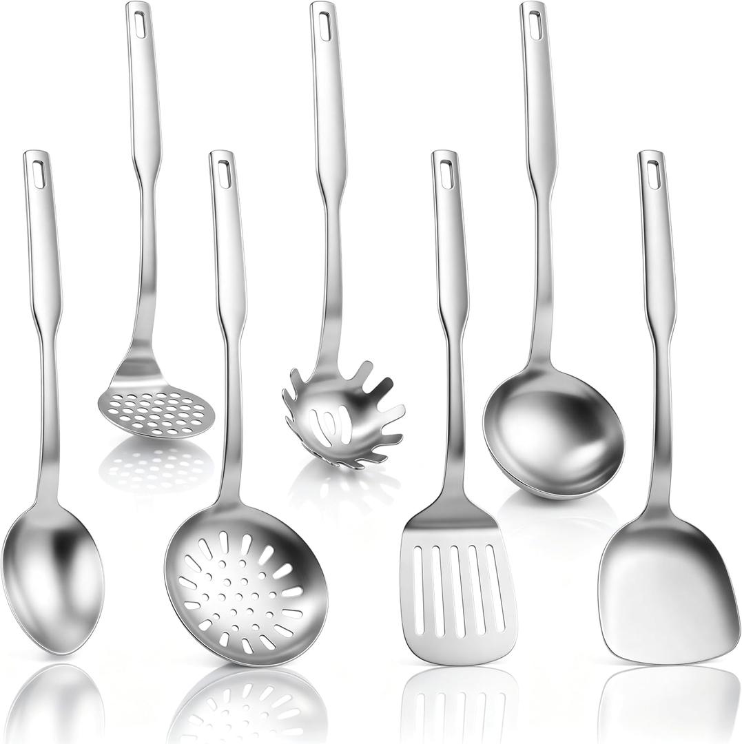 TeamFar Stainless Steel Cooking Utensils Set, 7 Pcs Kitchen Utensils, Heat Resistant Metal Kitchen Tools Include Solid & Slotted Turner/Spoon/Ladle/Skimmer/Pasta Server/Potato Masher, Dishwasher Safe