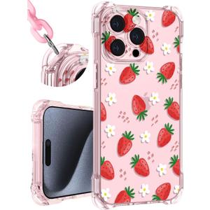 Toycamp for iPhone 13 Pro Case with Strap for Women - Cute Funny Girls Girly Strawberry Pattern Design for iPhone 13 Pro Case with Wrist Lanyards Four Corners Flexible Hang Style