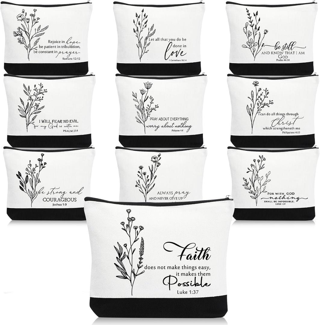 Huhumy 10 Pcs Christian Religious Gifts for Women Bulk, Inspirational Bible Verse Cosmetic Bags, Canvas Makeup Bag Pencil Pouch for Church Mother Women Coworker Team