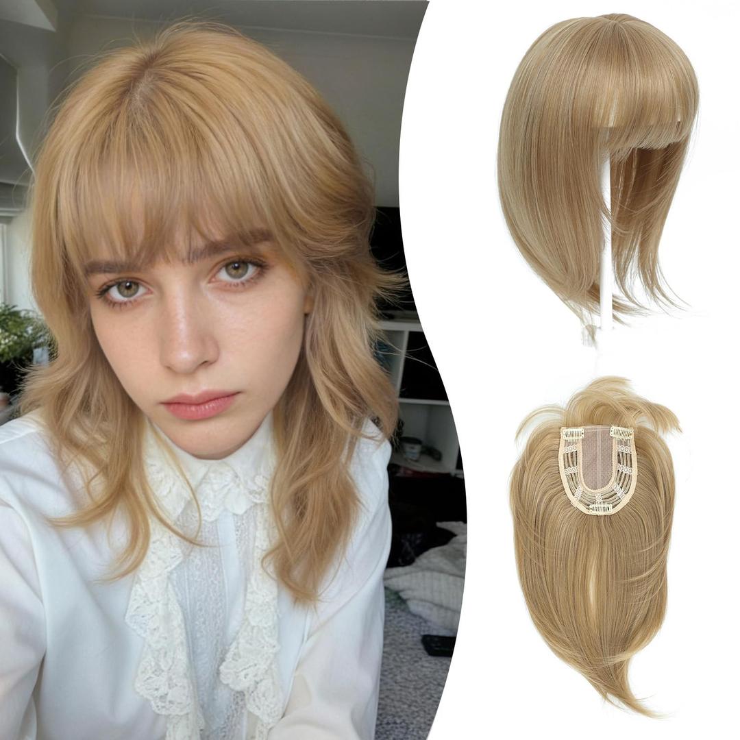 Ms Taj 12 Inch Hair Topper with Bangs, 360 Cover Synthetic Clip in Bangs, 4"x5" Bangs Natural Straight Fiber Hair Toppers for Women, Breathable & Comfortable for Daily Wear(Champagne Blonde)