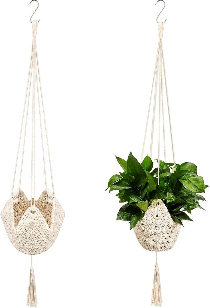 Shappy 2 Packs Jute Crochet Long Plant Hanger for 3 Inch to 12 Inch Pots, Macrame Plant Holder Rope with 2 S Shaped Hooks for Halloween Home Decor(White)