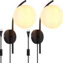 Wall Sconces Plug in Set of 2, Hanging Wall Lamp with Plug in Cord, Metal Wall Lamp White Glass Globe Indoor Wall Decor Light for Bedroom, Farmhouse, Hallway, Living Room, Kitchen, Black